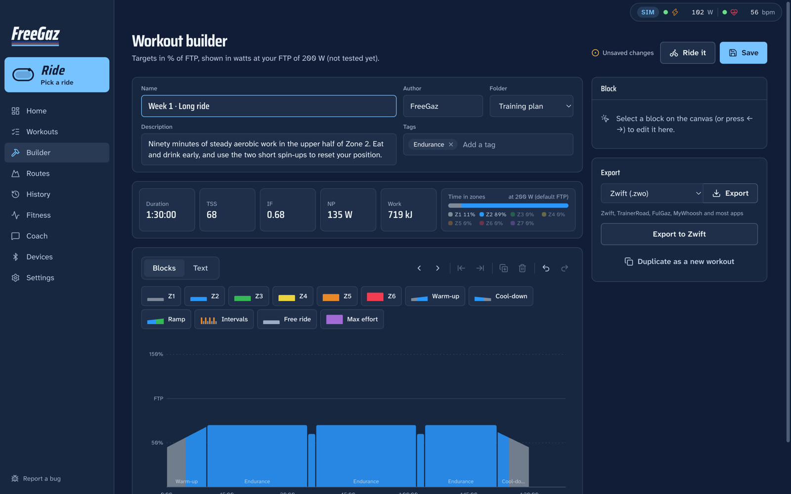 The builder: name, author and folder, live TSS, IF and zones, blocks you drag and resize, and export to Zwift