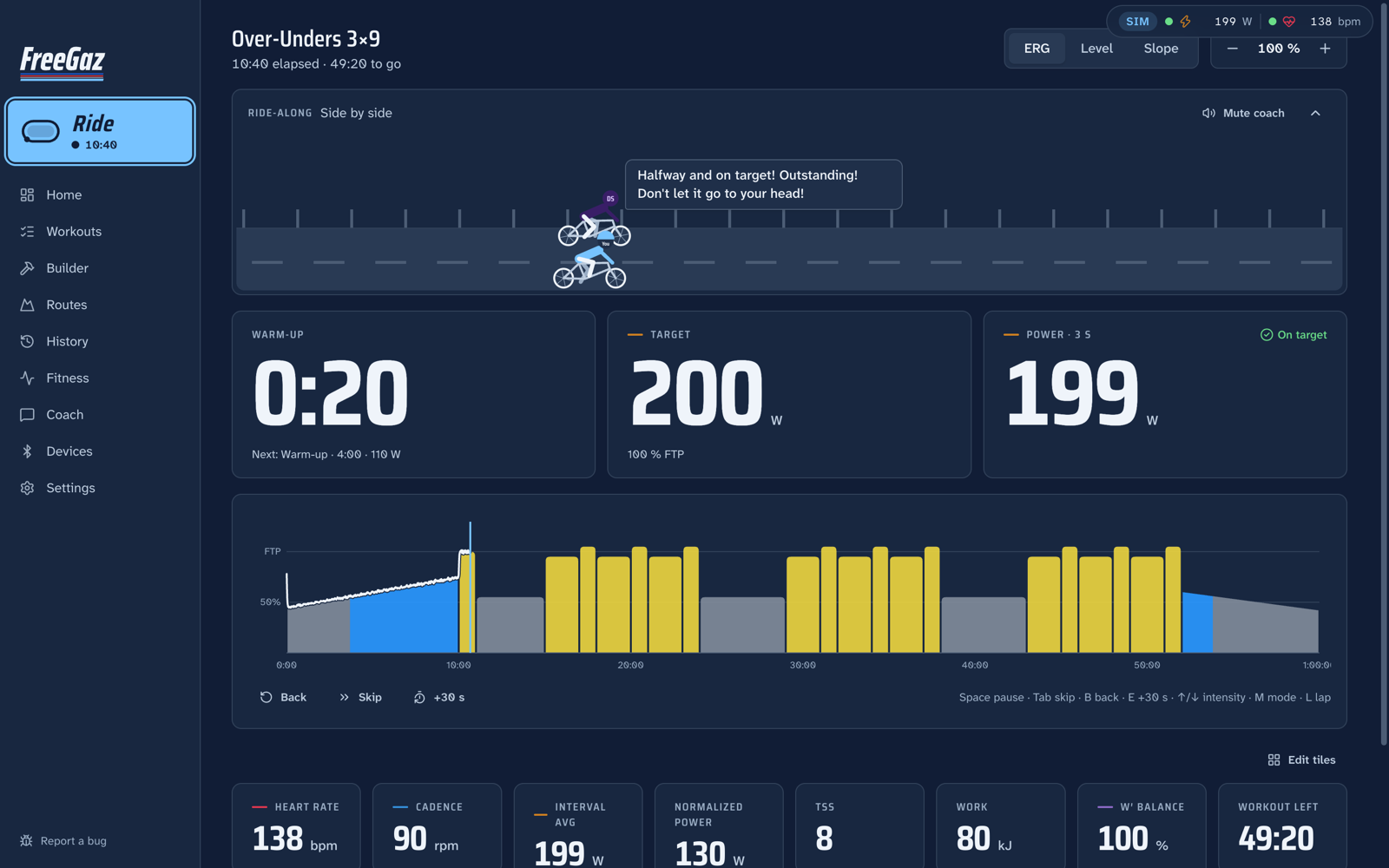 A workout mid-ride: the coach on the ride-along, the interval, target and power numbers, and the workout chart filling in